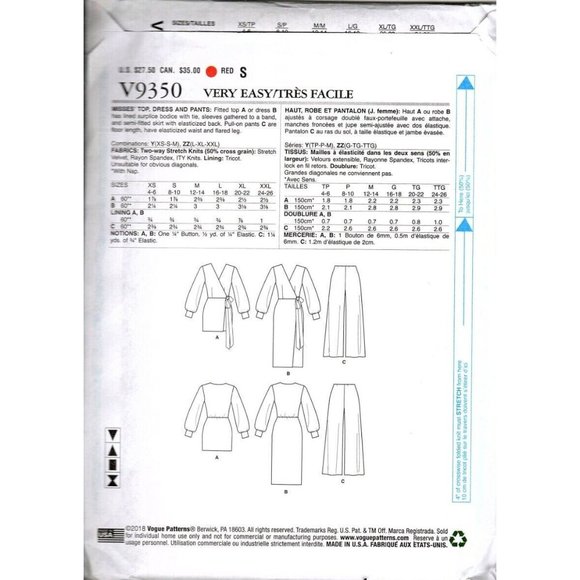 Vogue V9350 Misses L to XXL Wrap Dress, Tunic and Pants Uncut Sewing Pattern - Picture 2 of 2
